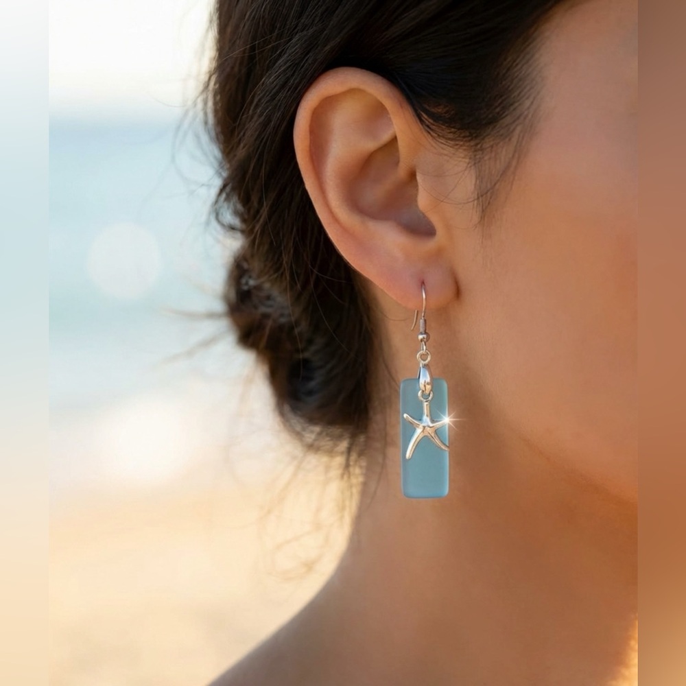 "Beach Day Blues" Sea Glass Starfish Earrings